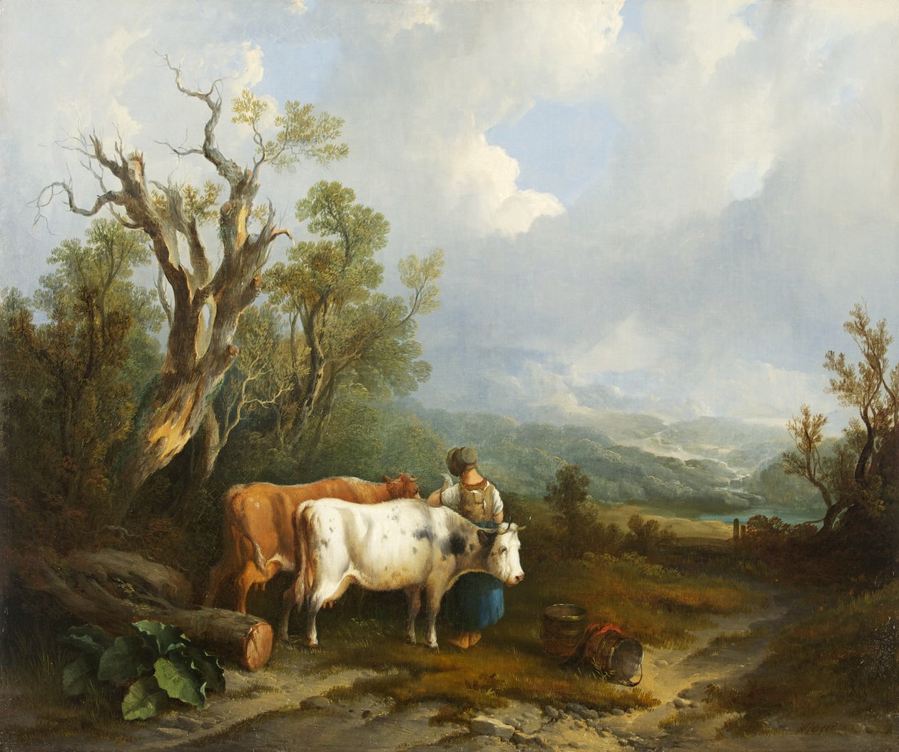 Krajina s dobytkem a postavou ženy, 1842 od William Snr. Shayer