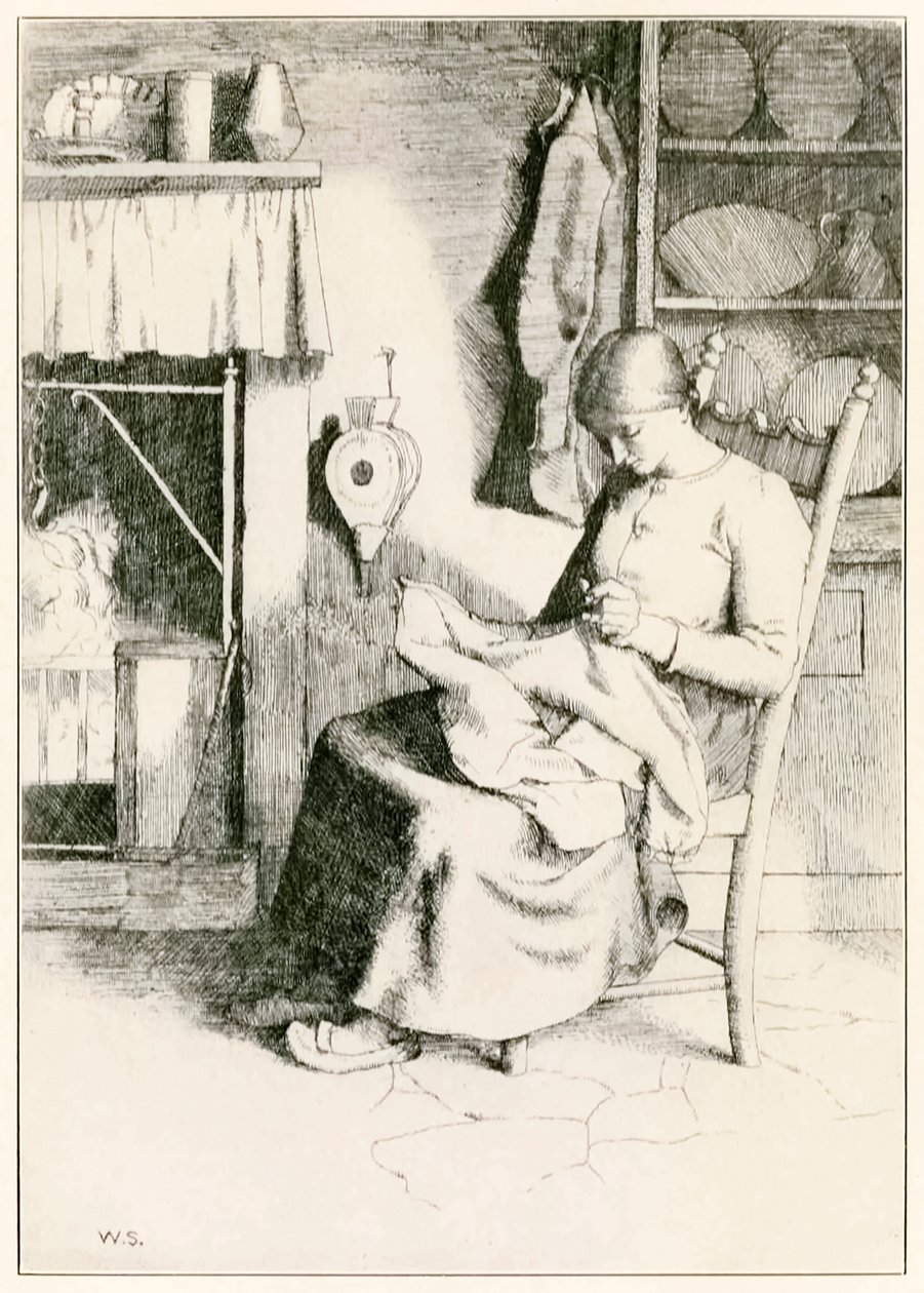 Mercy at Her Work from The Pilgrims Progres from This World, To That What Is To Come John Bunyan (1628-1688) ilustrace William Strang (1859-1921) Mercy dělá a opravuje věci pro chudé. od William Strang
