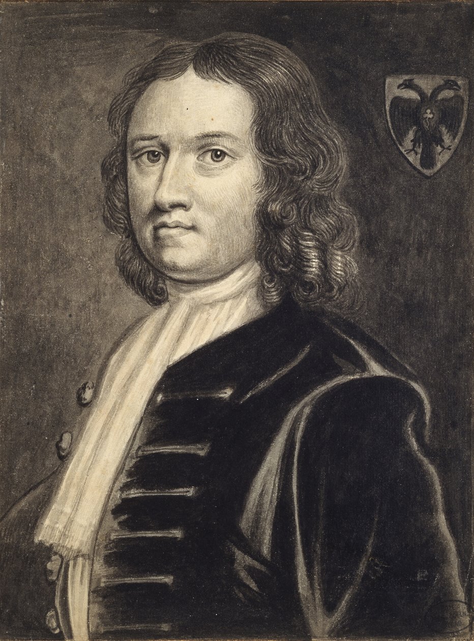 Autoportrét (černá a šedá barva přetéká perem a černým inkoustem) od William Stukeley