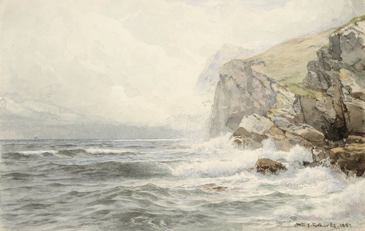 Surf Breaking on Coastal Rocks, 1887 (wc a grafit na krémově tkaném papíře) od William Trost Richards
