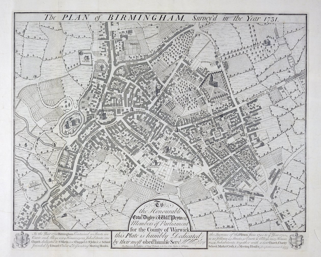 Plán Birmingham, 1731, publikoval 1789 od William Westley