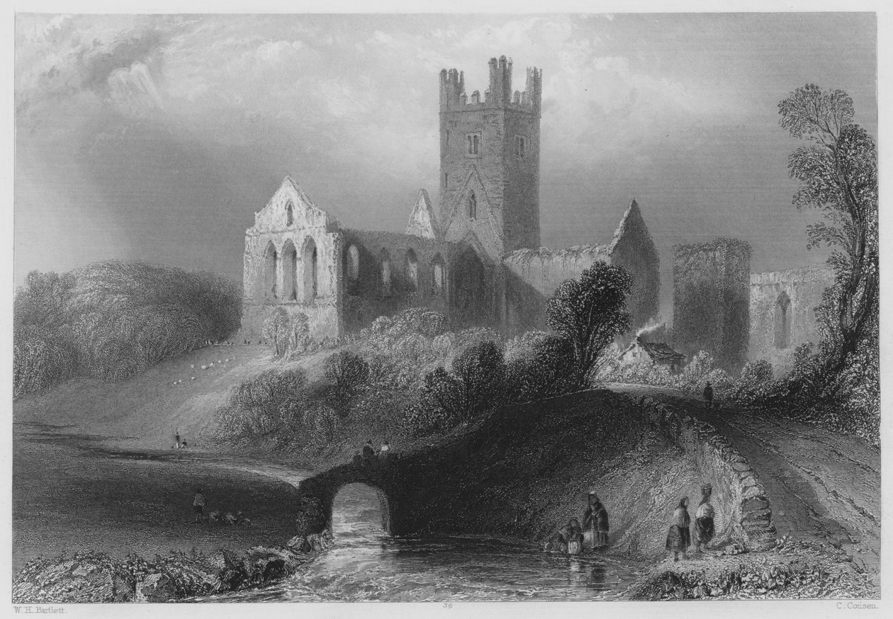 Jerpoint Abbey (rytina) od William Henry (after) Bartlett