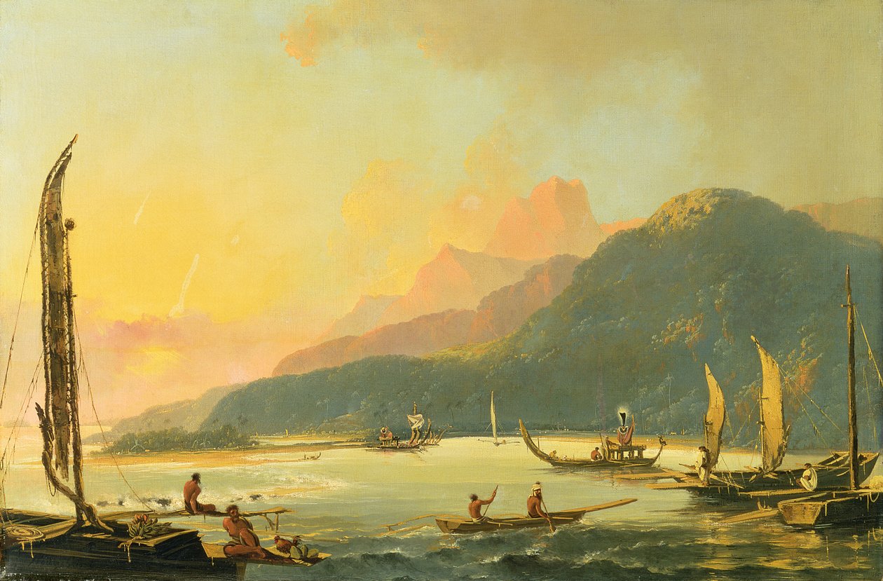 Tahitské válečné galéry v Matavai Bay, Tahiti od William Hodges