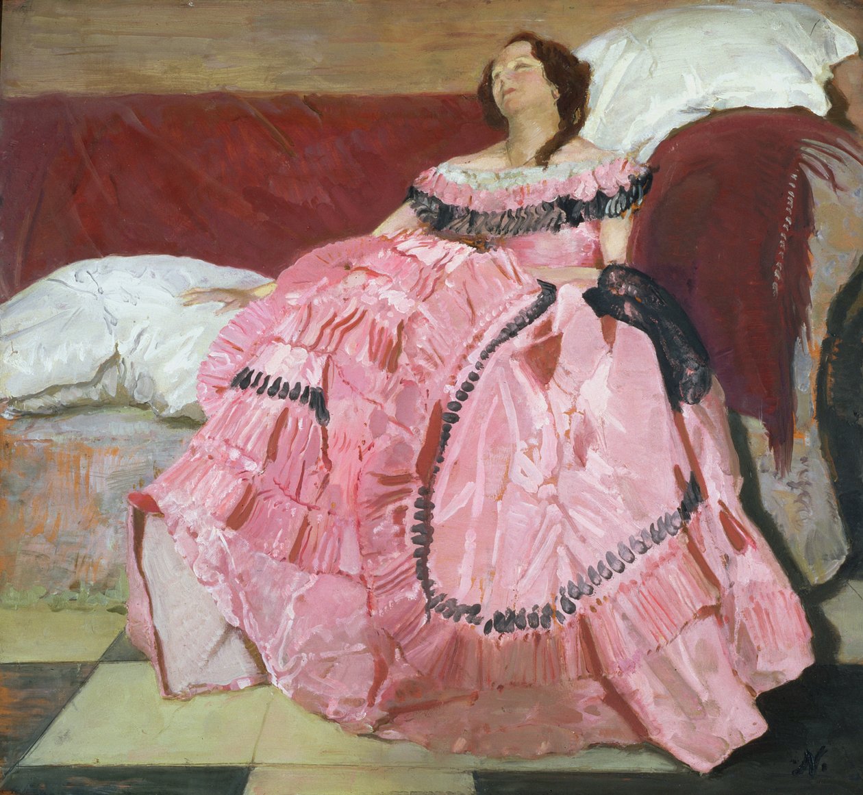 Růžové šaty (olej na panelu) od William Nicholson