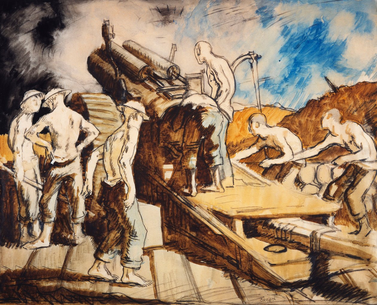 Houfnice v akci, kolem roku 1917 od William Orpen