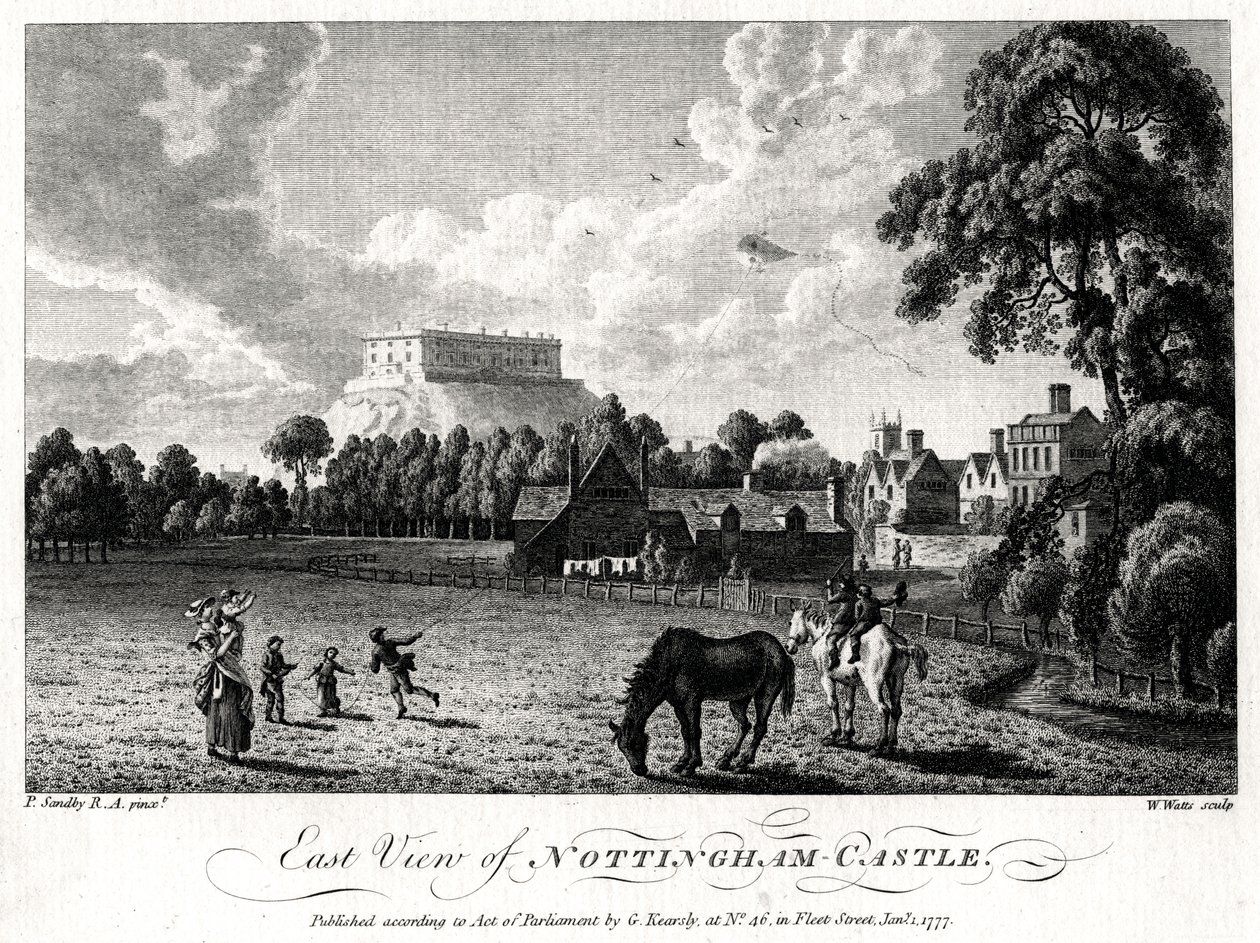 Východní pohled na hrad Nottingham, Nottinghamshire, 1777 od William Watts