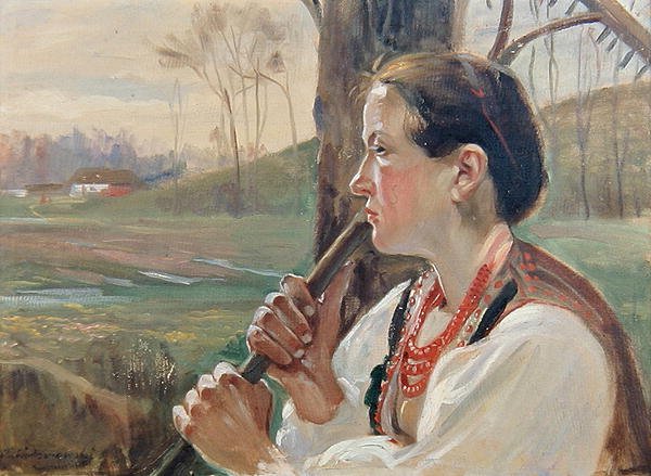 Dívka s hráběmi, kolem roku 1914 (olej na palubě) od Wincenty Wodzinowsky