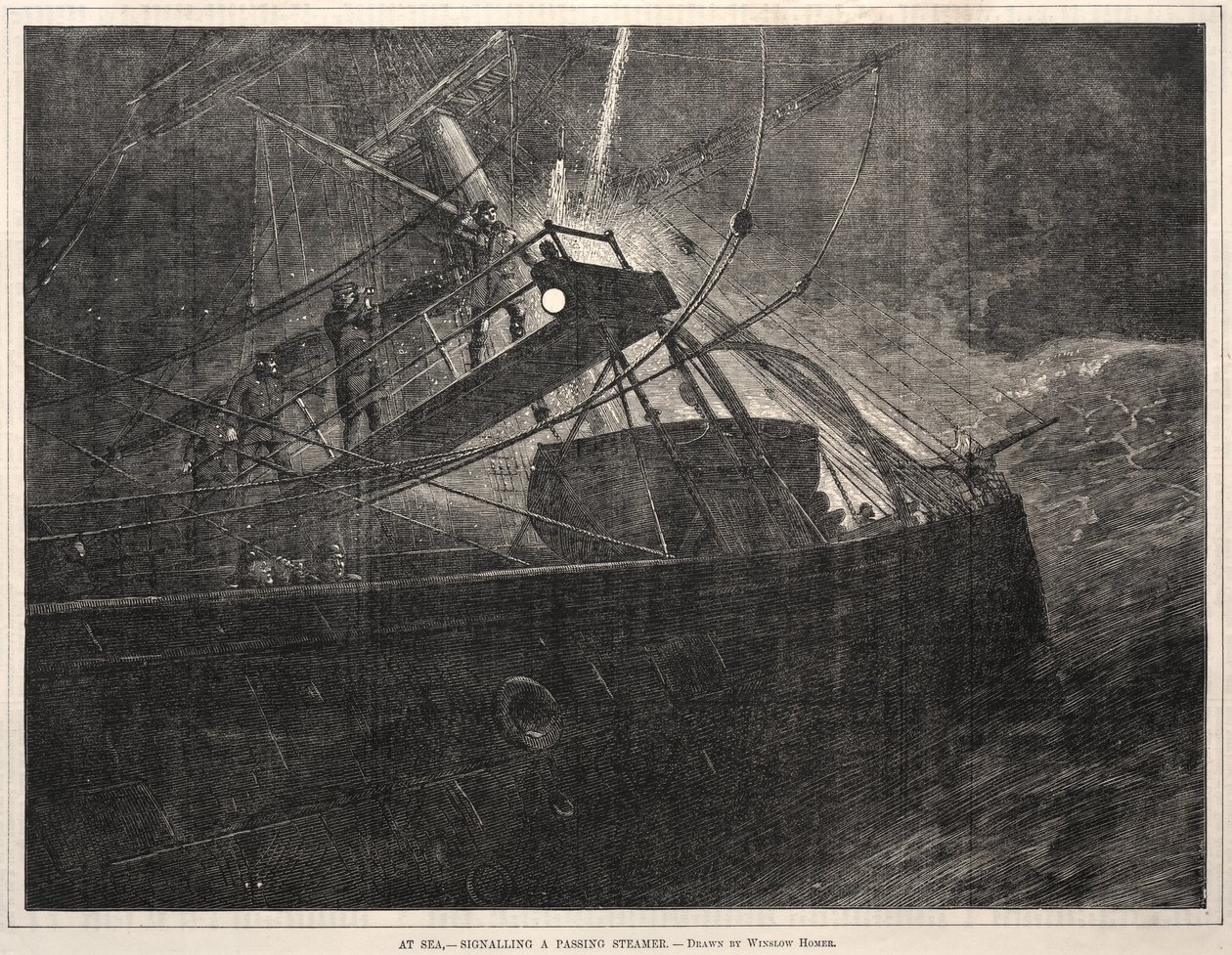 Na moři, signalizace projíždějícího parníku, 1871. od Winslow Homer