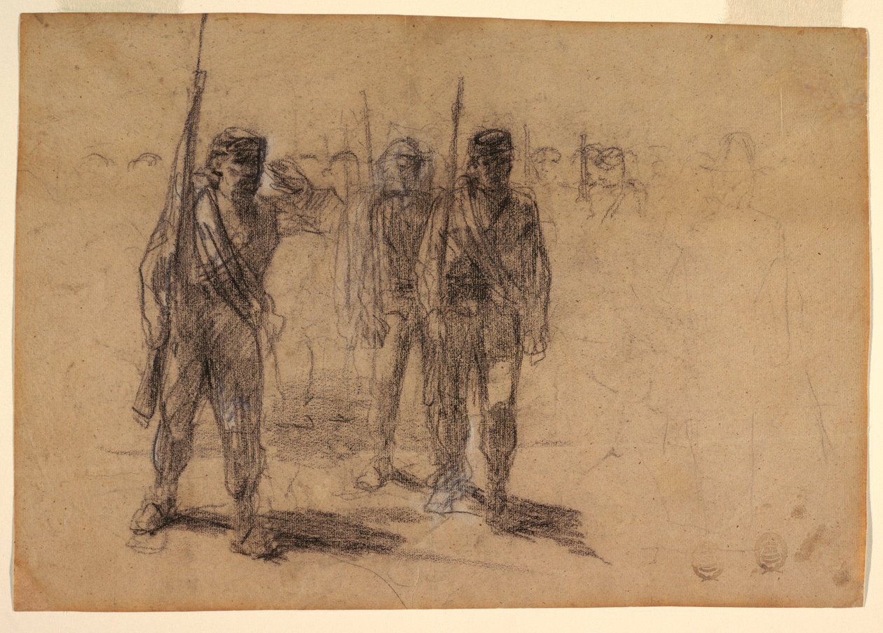 Kresba, cvičení vojáků, pravděpodobně 1864 od Winslow Homer