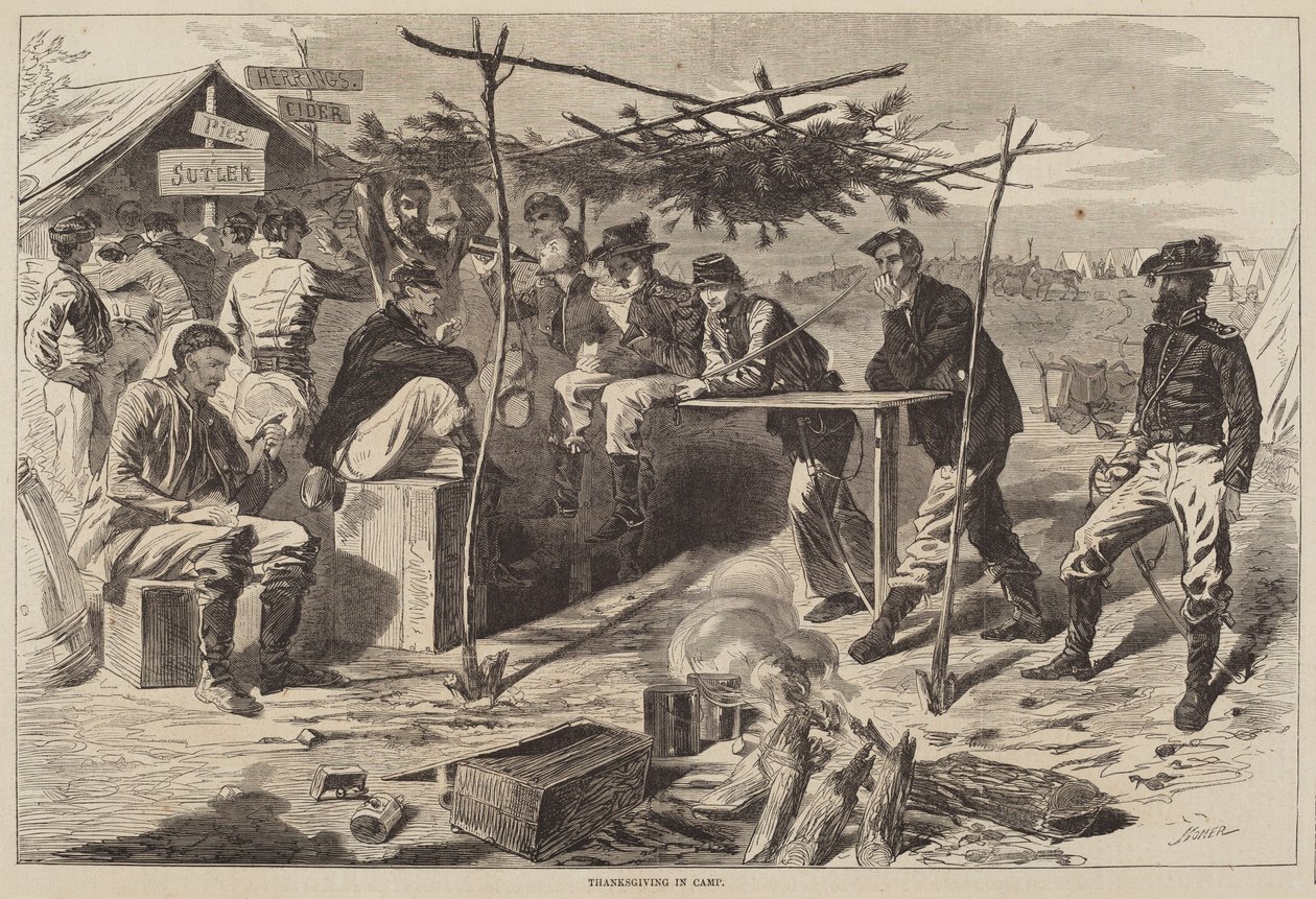 Den díkůvzdání v táboře, publikoval 1862. od Winslow Homer