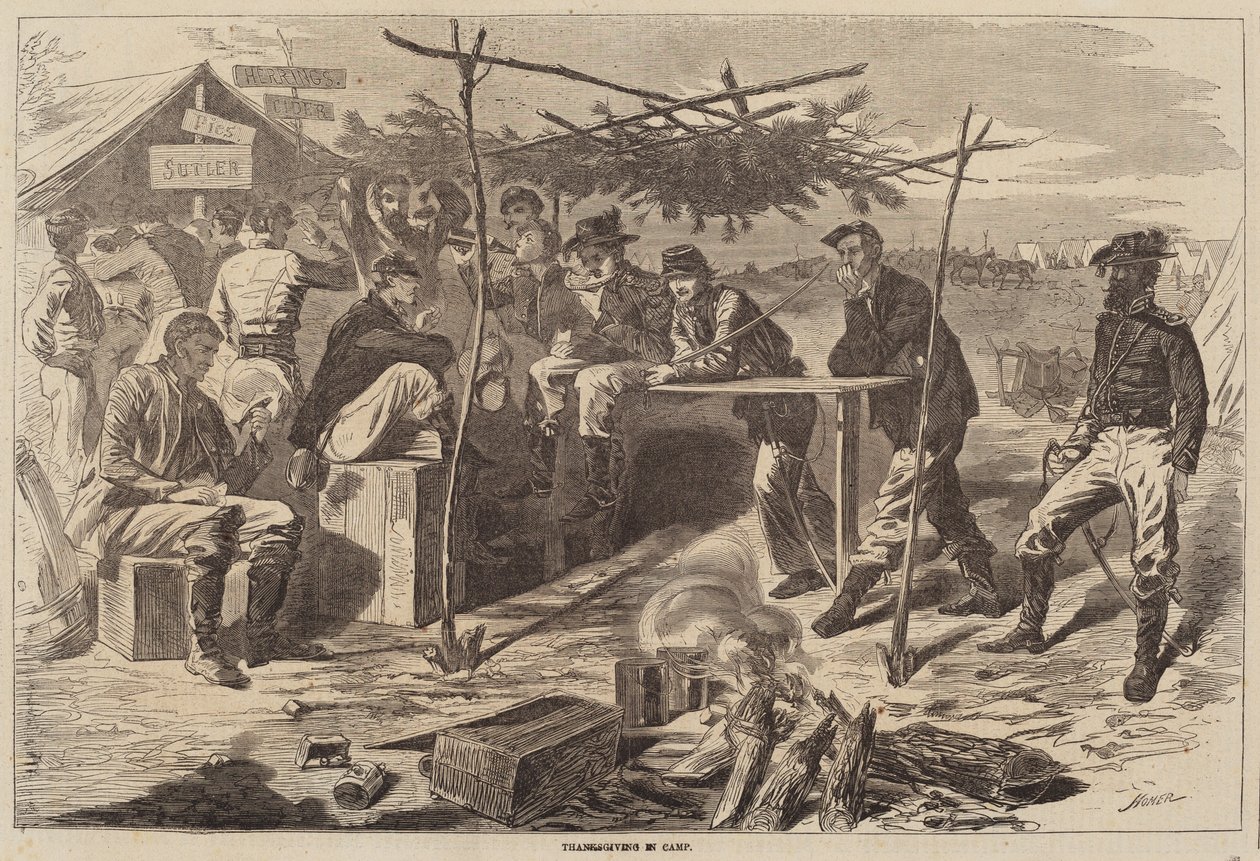 Den díkůvzdání v táboře, publikoval 1862. od Winslow Homer