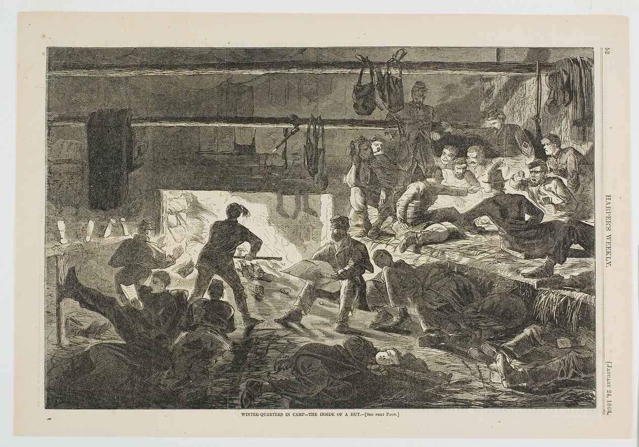 Zimní ubikace v táboře - vnitřek chaty od Winslow Homer