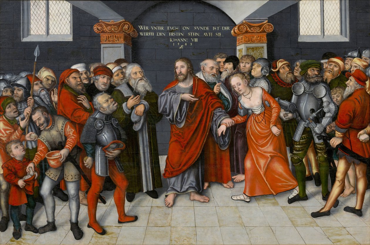 Kristus a cizoložnice od Lucas Cranach the Younger  