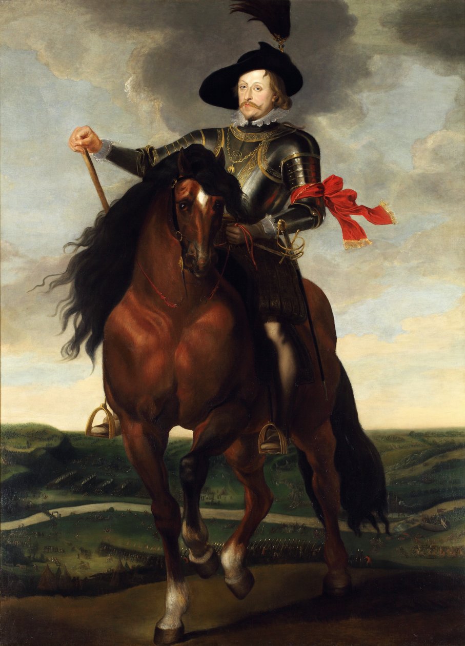 Jezdecký portrét korunního prince Władysława Vasy s bitvou u Khotynu v pozadí od Workshop of Peter Paul Rubens