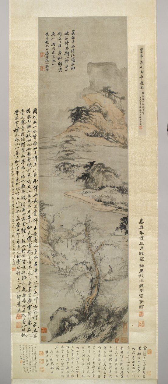 An Old Man Walking by the Stream, with Distant Mountains, 1706 (inkoust a barva na papíře) od Wu Li