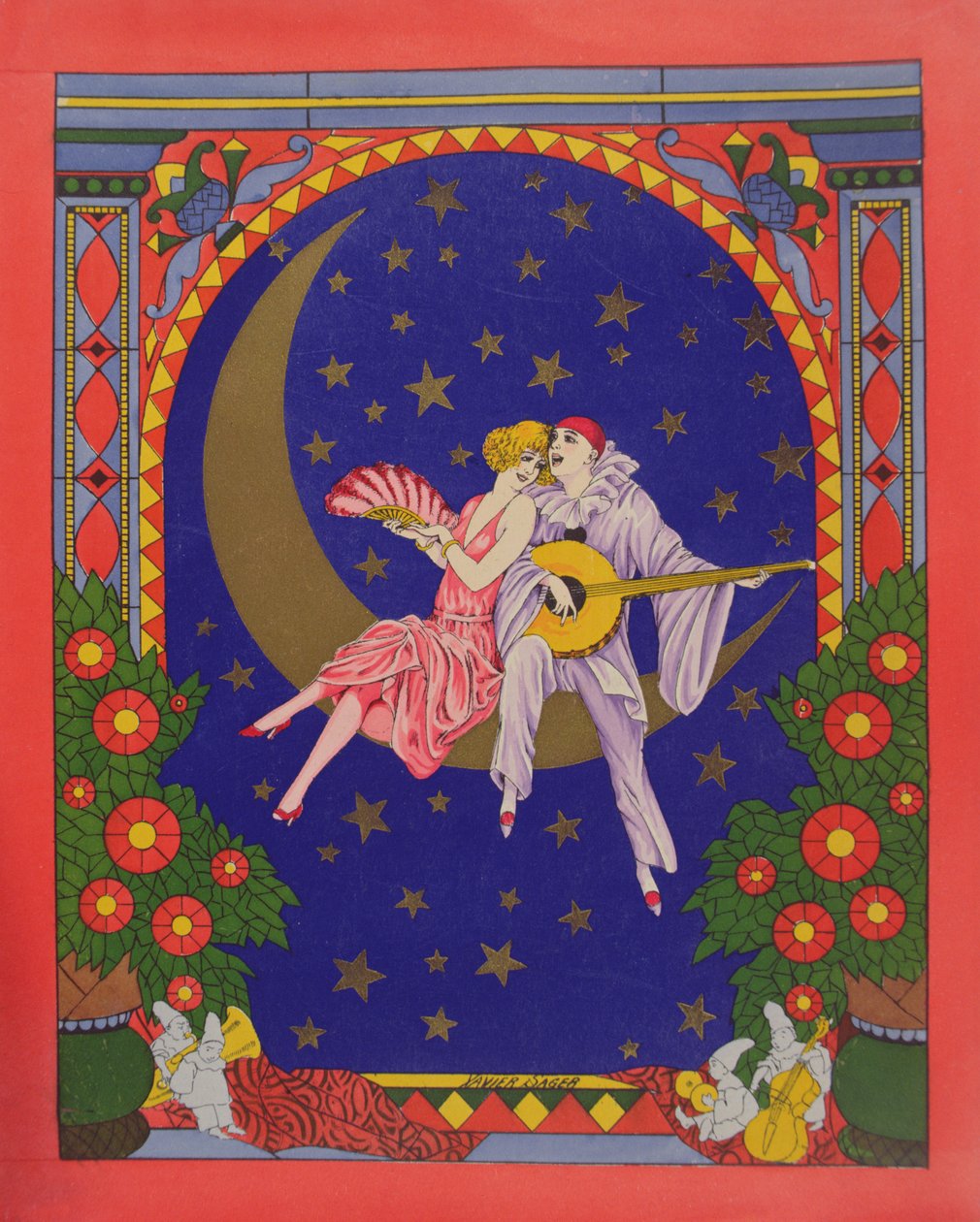 Pierrot a Columbine (chromolitho) od Xavier Sager