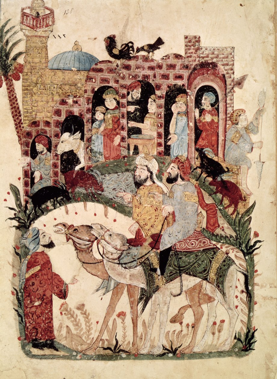 Paní Ar 5847 f.138, Abu Zayd a Al-Harith vyslýchající vesničany, z „Al Maqamat“ (Setkání) od Al-Hariri, kolem 1240 od Yahya ibn Mahmud Al Wasiti