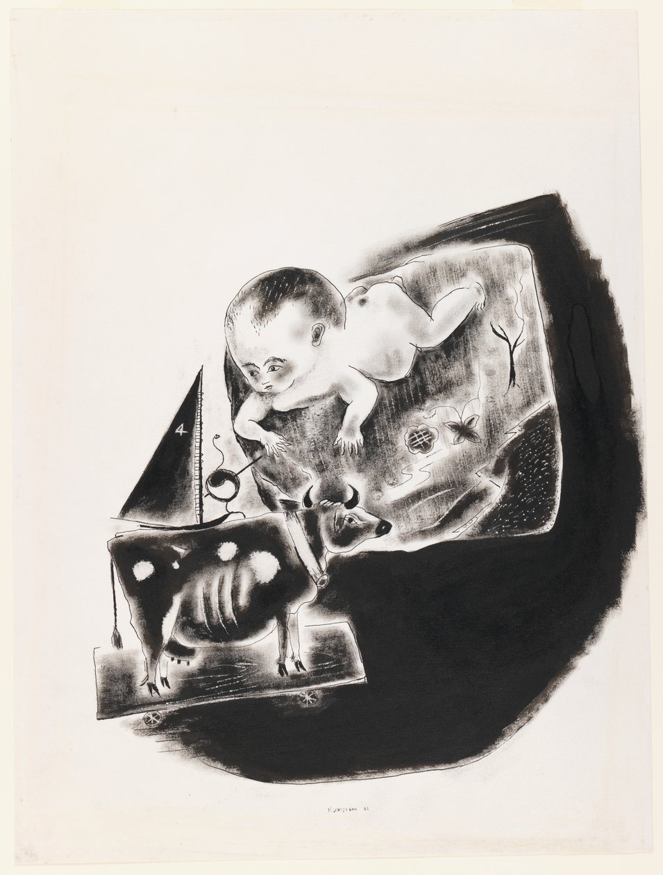 Dítě a hračka kráva od Yasuo Kuniyoshi