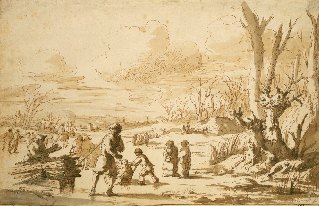 Enjoying the Ice, 1680 (pero a tužka na papíře) od Zacharias Blyhooft
