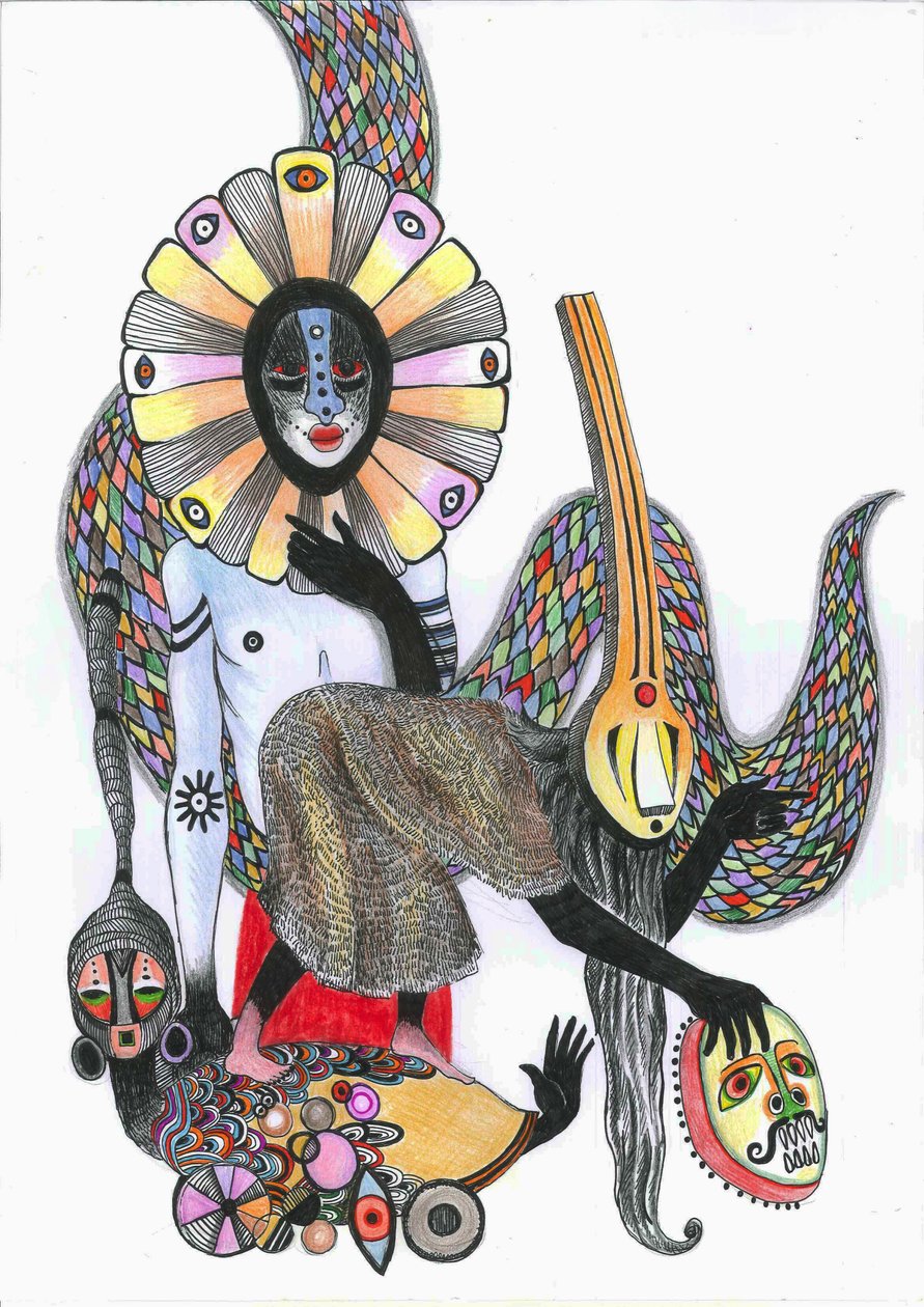 Tanec masek, 2012 (pero, inkoust a barevné tužky na papíře) od Zanara Sabina Nedelcheva Williams