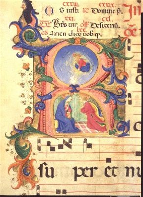 Misál 515 f.42r Historická iniciála R zobrazující Zvěstování, 1448-49 od Zanobi di Benedetto Strozzi