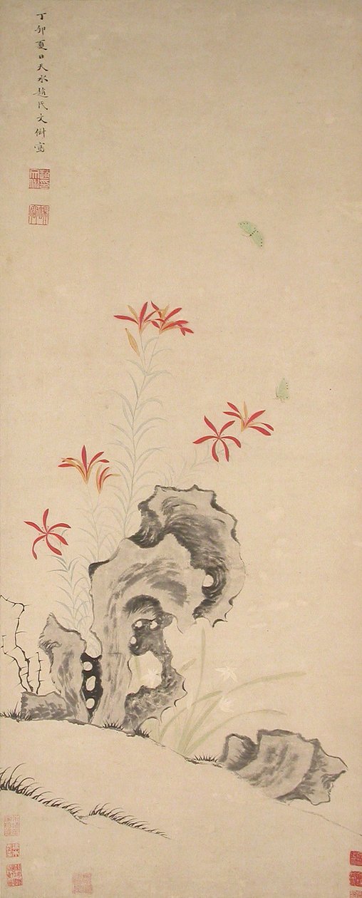 Skála, tygří lilie a orchidej z roku 1627. od Zhao Wenchu