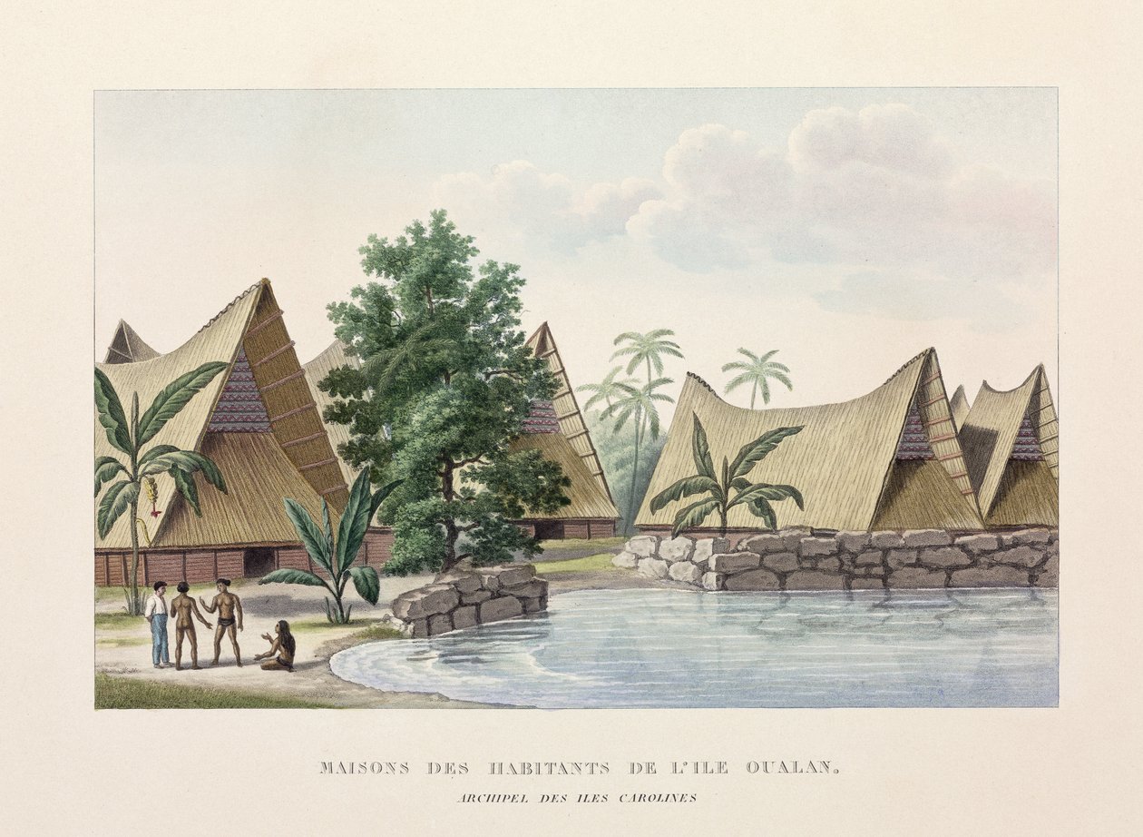 Architektonické domy na Oualanu, Caroline Islands od Frederick (attr. to) Barnard