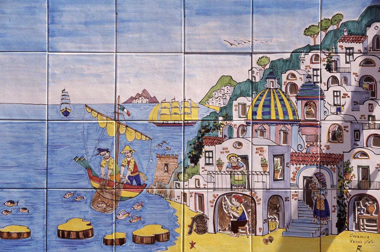 Keramické malované dlaždice, Positano, pobřeží Amalfi, Kampánie, Itálie od John Pardon