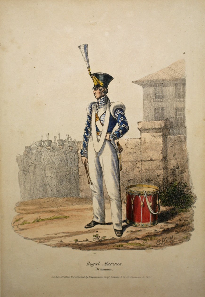 Bubeník Royal Marines, kolem roku 1829 (ručně kolorovaný lito) od after Edward Hull