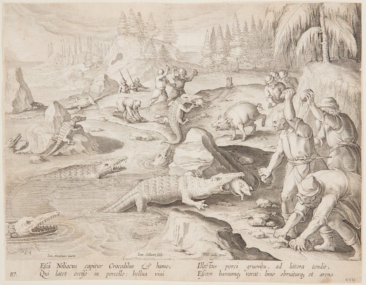 Lov na krokodýly od after Jan van der Straet, called Stradanus