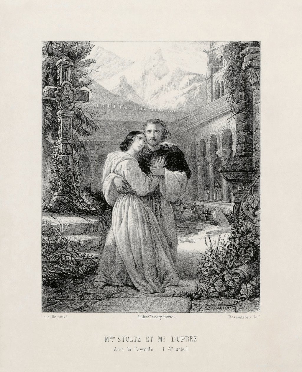 Gilbert Duprez (1806-1896) jako Fernando a Rosine Stoltz (1815-1903) jako Leonor de Guzmán ve IV. dějství opery Gaetana Donizettiho La Favorite v pařížském Salle Le Peletier v letech 1840-1841. od Emile Desmaisons