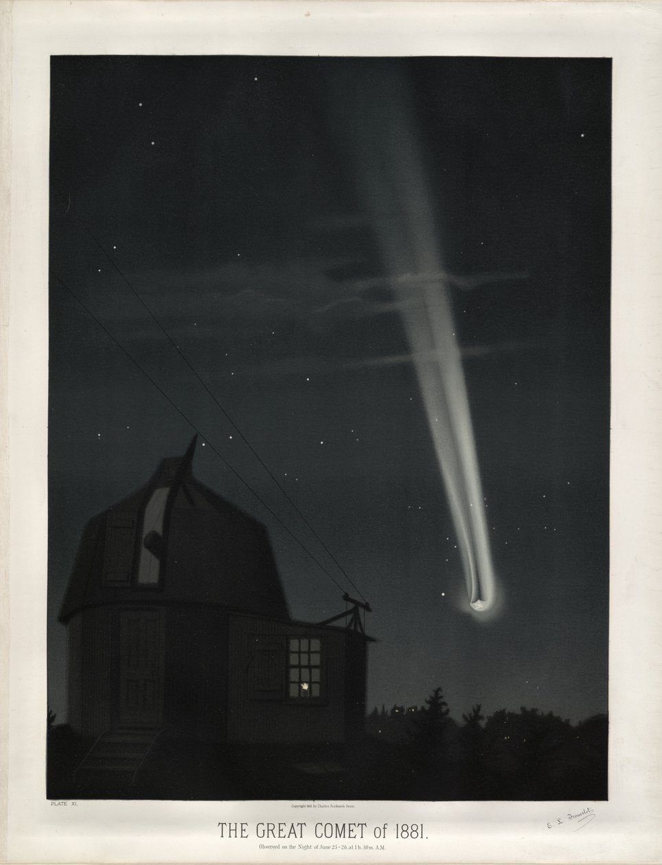 Velká kometa z roku 1881 (kometa C/1881 K1). Pozorováno v noci z 25. na 26. června v 1 hodinu. 30 m. DOPOLEDNE. (Deska XI z Trouvelot Astronomical Drawings 1881) od Étienne Léopold Trouvelot