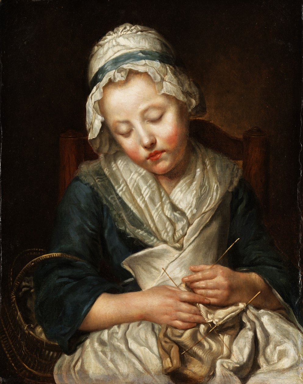 Tricoteuse endormia. (Dívka usnula při pletení). od workshop of Jean Baptiste Greuze