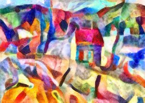 zelené okno, žlutá zeď, červená střecha,(mixed media)