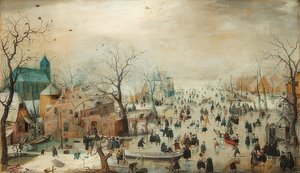 Zimní krajina s bruslaři. Kolem roku 1608