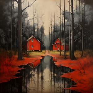 kaksi punaista taloa metsässä 2