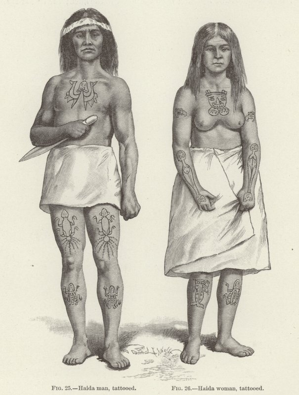Tetovaná žena a muž Haida (rytina) od (after) American School