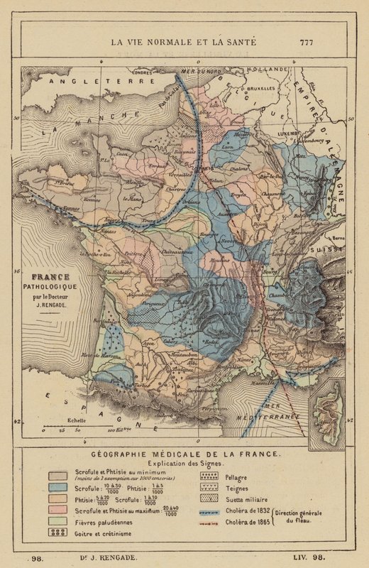 Lékařská geografie Francie (kolorovaná rytina) od (after) French School