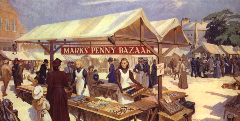 An Artists Impression of Marks Penny Bazaar vznikl v roce 1884 Michaelem Marksem, otcem sira Simona Markse. od English School