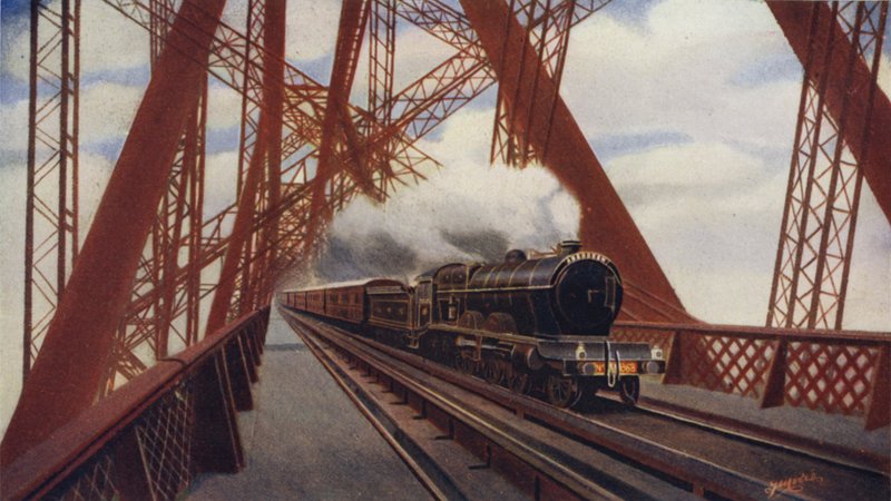 Létající Skot přejíždí most Forth Bridge, Severobritská železnice od English School