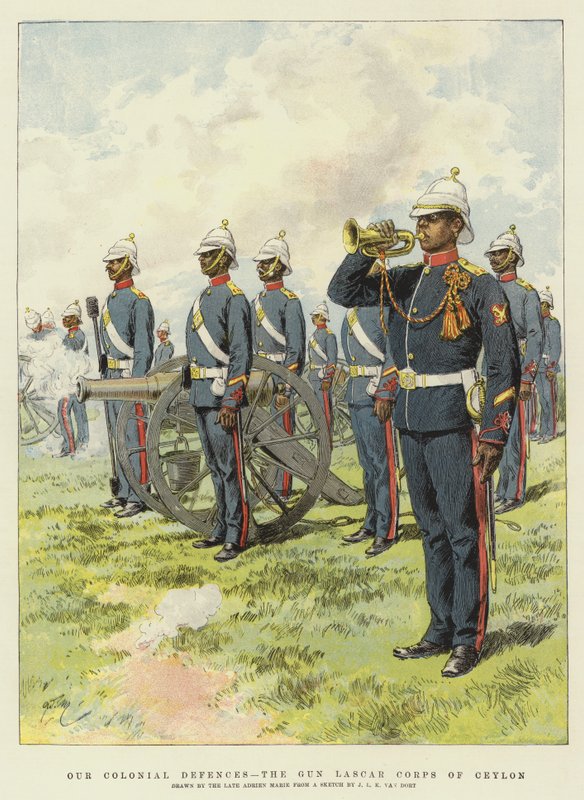 Naše koloniální obrana, Gun Lascar Corps of Ceylon (chromolitho) od Adrien Emmanuel Marie