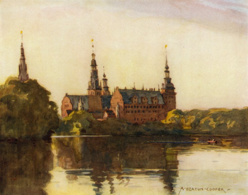 Dánsko: hrad Frederiksborg (barevné lito) od Alfred Heaton Cooper
