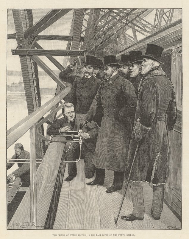 Princ z Walesu jede po posledním nýtu mostu Forth Bridge od Amedee Forestier
