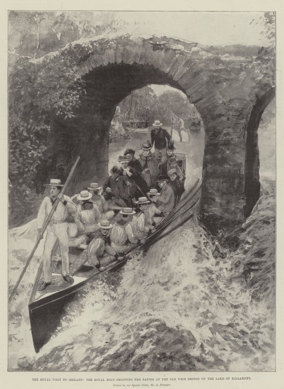 Královská návštěva Irska, královská loď střílí na Rapids u mostu Old Weir Bridge na jezeře Killarney od Amedee Forestier