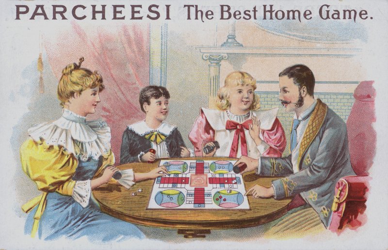 Rodina hraje hru Parcheesi (chromolitho) od American School