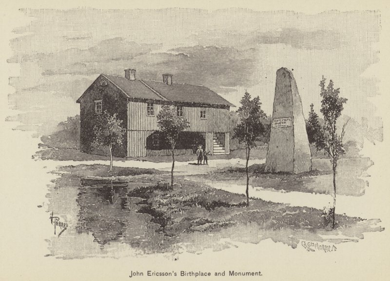 Rodiště a památník Johna Ericssona (rytina) od American School