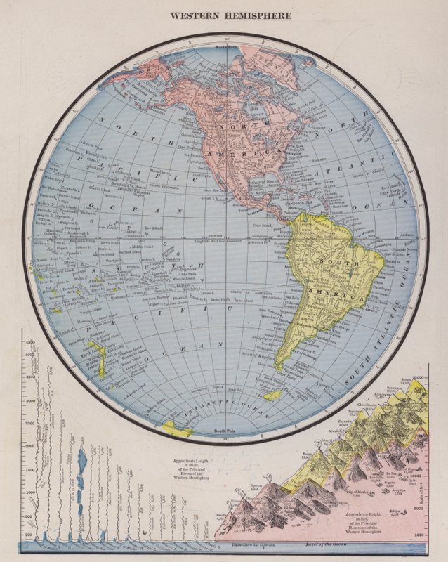 Mapa západní polokoule (barevné rytí) od American School