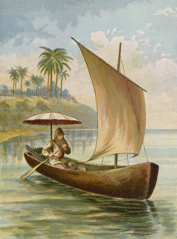 Robinson Crusoe plující ve své lodi od American School