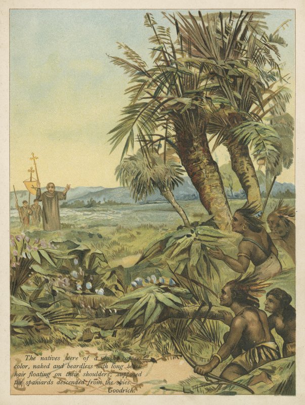 Domorodci z Nového světa sledují nově příchozí Španěly (chromolitho) od Andrew Melrose