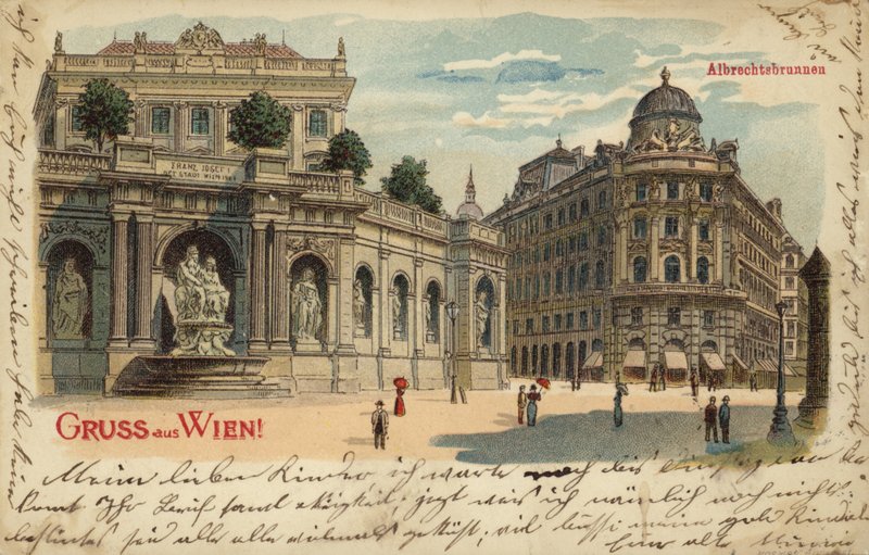 Pohlednice zobrazující Albrechtsbrunnen ve Vídni od Austrian School